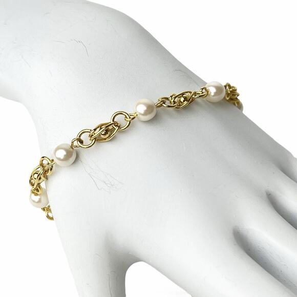 Fashion Bracelet Faux Pearl Station Chain Link Gold Tone Caged Ball Beads 7.5 In - Picture 3 of 6
